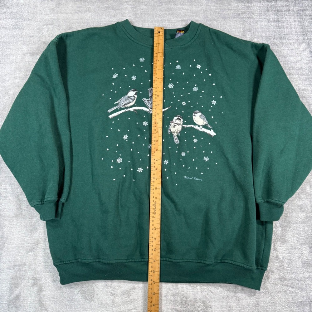 Vintage Weekend Edition Sweatshirt Womens XL Green Bird Graphic Winter Pullover - Picture 5 of 7